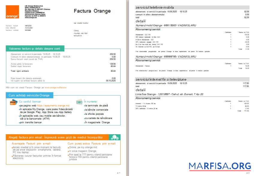 Blank Moldova Orange utility bill version 2 scr sample